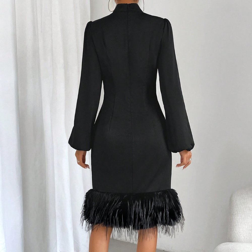Black Preppy Womens Twist Front Fuzzy Trim Lantern Sleeve Dress - Picture 2 of 5